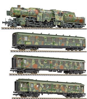Set de locomotora vapor BR42 y tres coches pasajeros, época II.