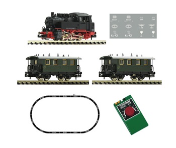 Set Iniciación locomotora vapor + coches pasajeros + circuito de vias.