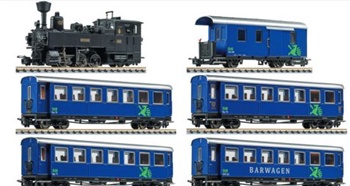 Set de tren de vapor con cuatro coches pasajeros y un furgón del Murta