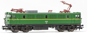 Locomotora eléctrica clase 279 RENFE verde-amarillo, época III.
