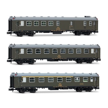 Set de 3 coches tipo 5000 RENFE decoración verde oliva de época IV.