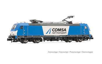 Locomotora eléctrica 253 COMSA decoración azul y blanca, época VI.