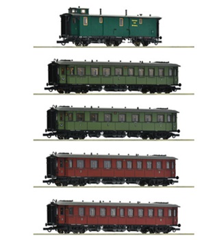 Set de cuatro coches de tren expreso y un vagón de equipajes de los Fe